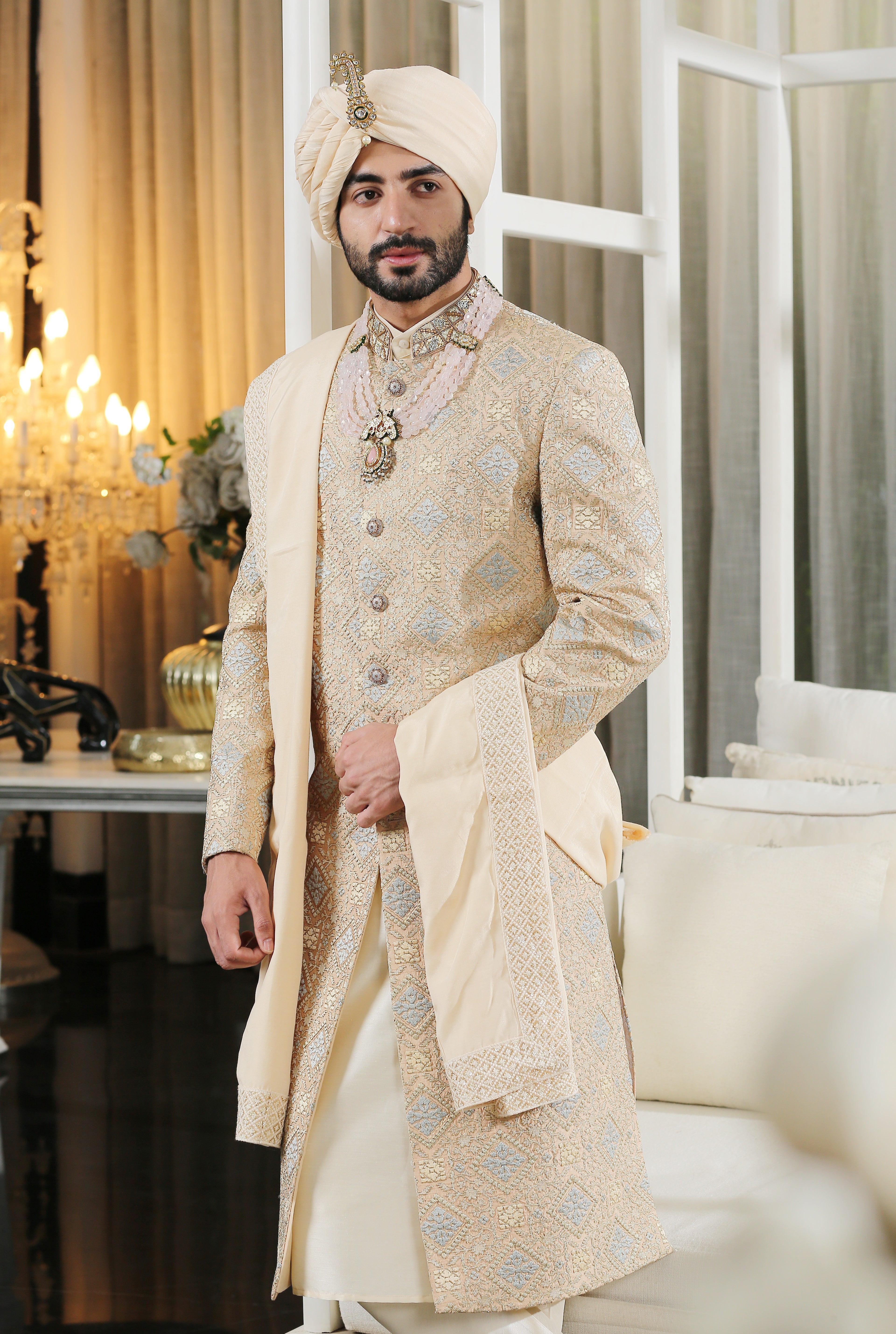 Beige Silk Sherwani – Bonsoir Timeless Wedding Attire
