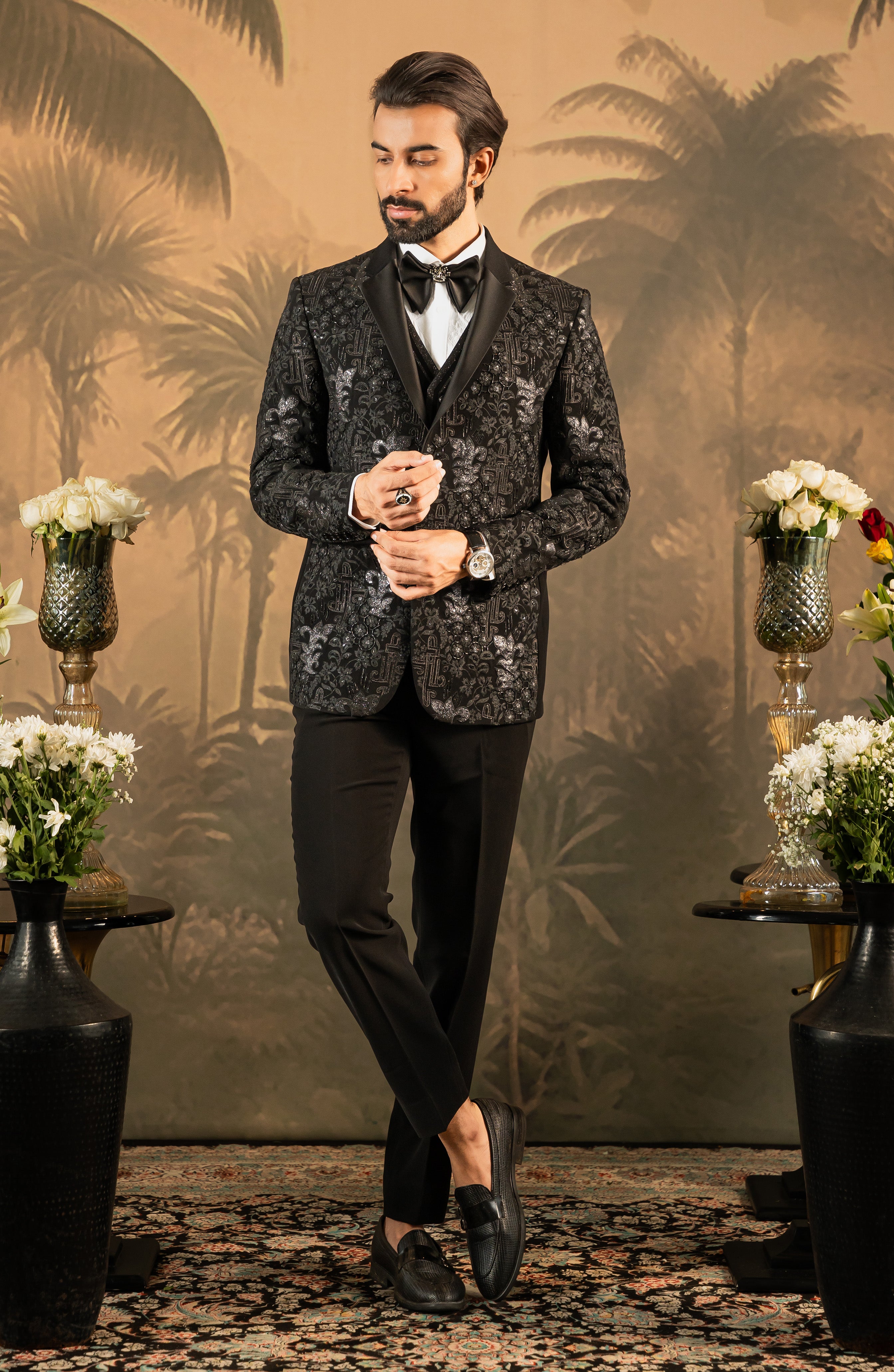 Black Embroidered Tuxedo Suit – Bonsoir Terry Rayon
