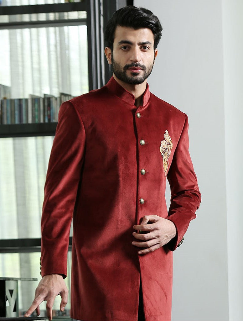 Rust velvet long bandgala with Embroidered designer patch – Bonsoir