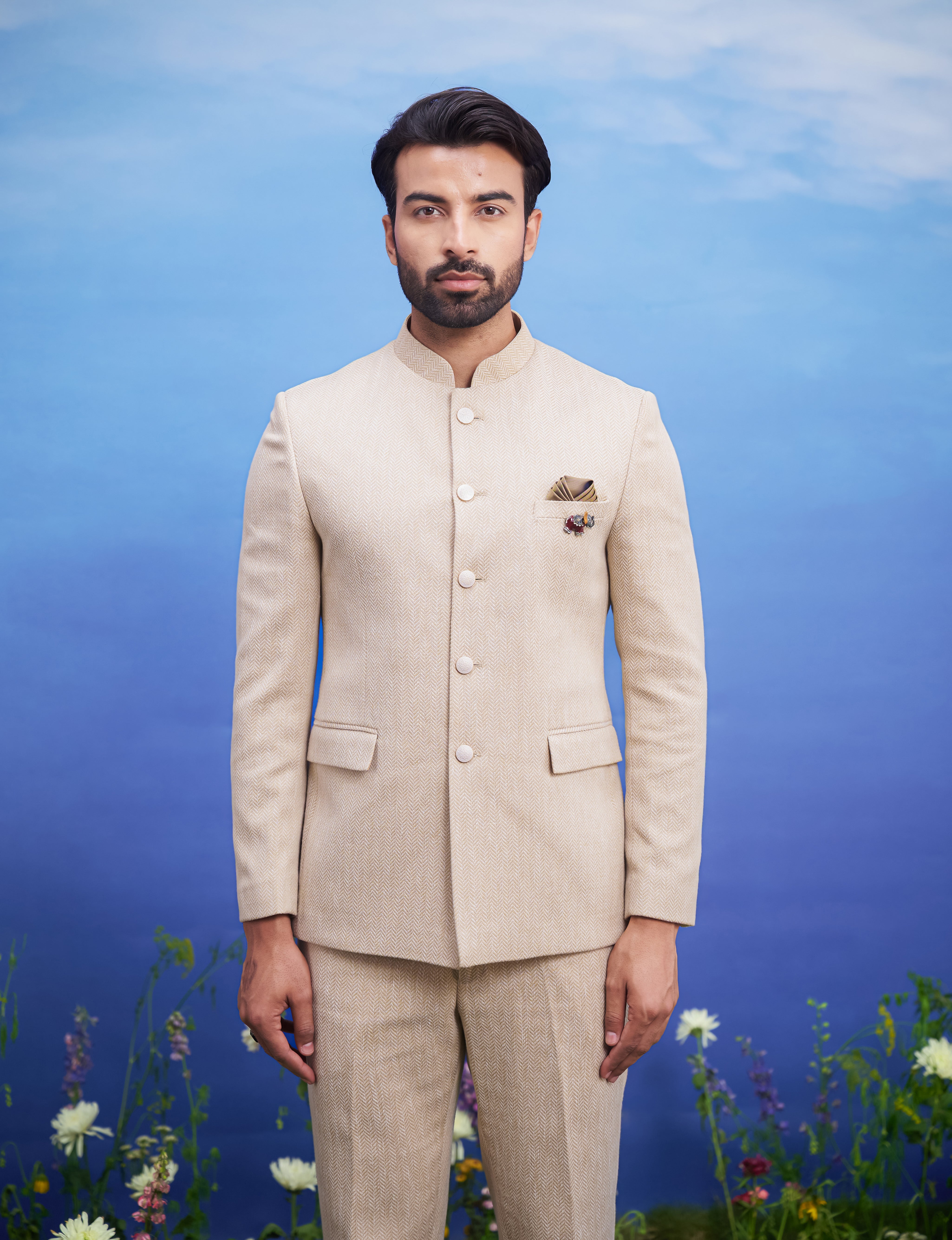 Men's Bandhgala attire with a distinctive herringbone pattern, suitable for weddings and festivals, available in sizes 36 to 44 and custom.