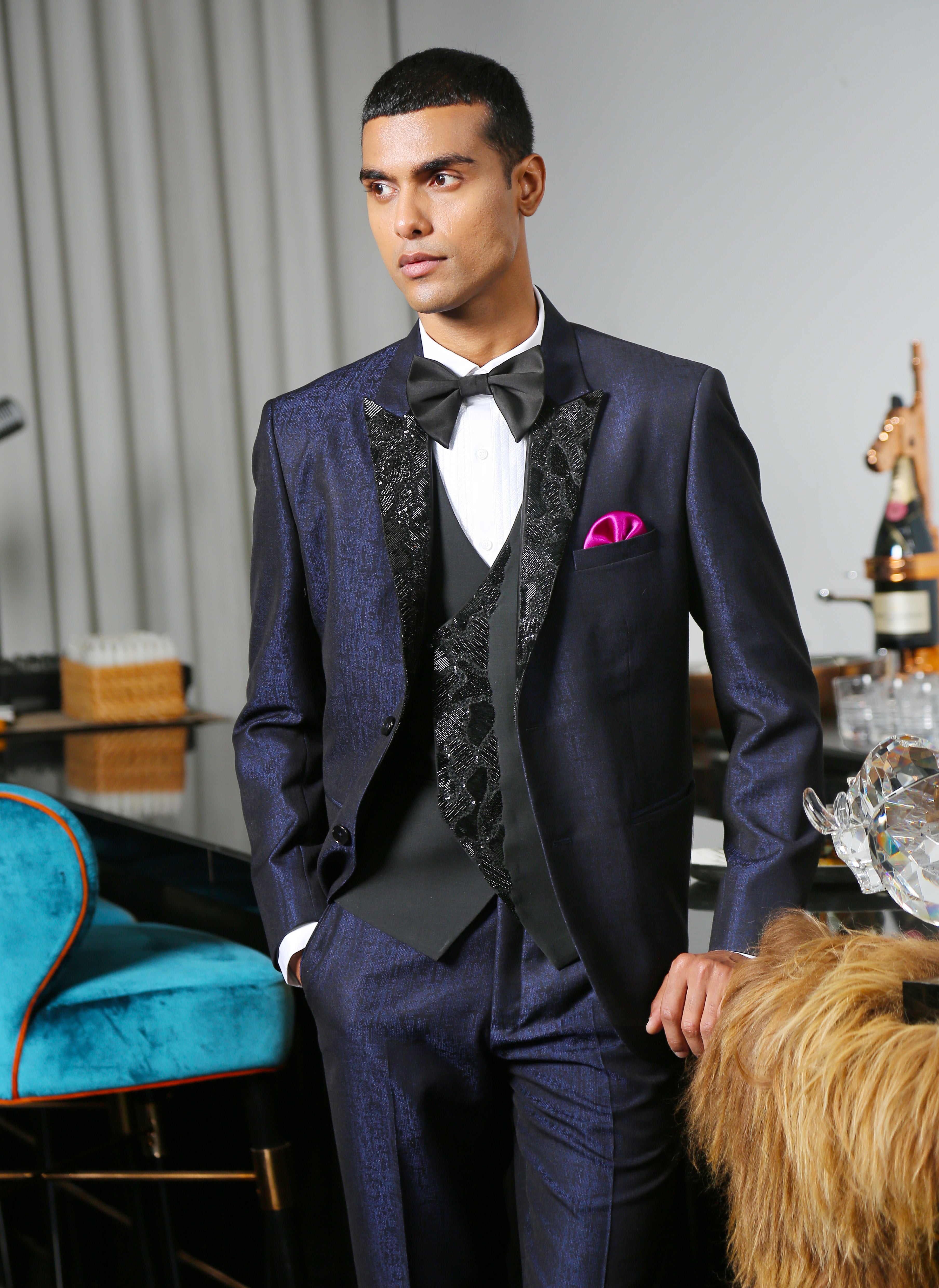 Navy Blue Jacquard Designer Suit With Embroidery Bonsoir | Terry Rayon 36 Navy Blue Jacquard Designer Suit With Embroidery Bonsoir | Terry Rayon 36