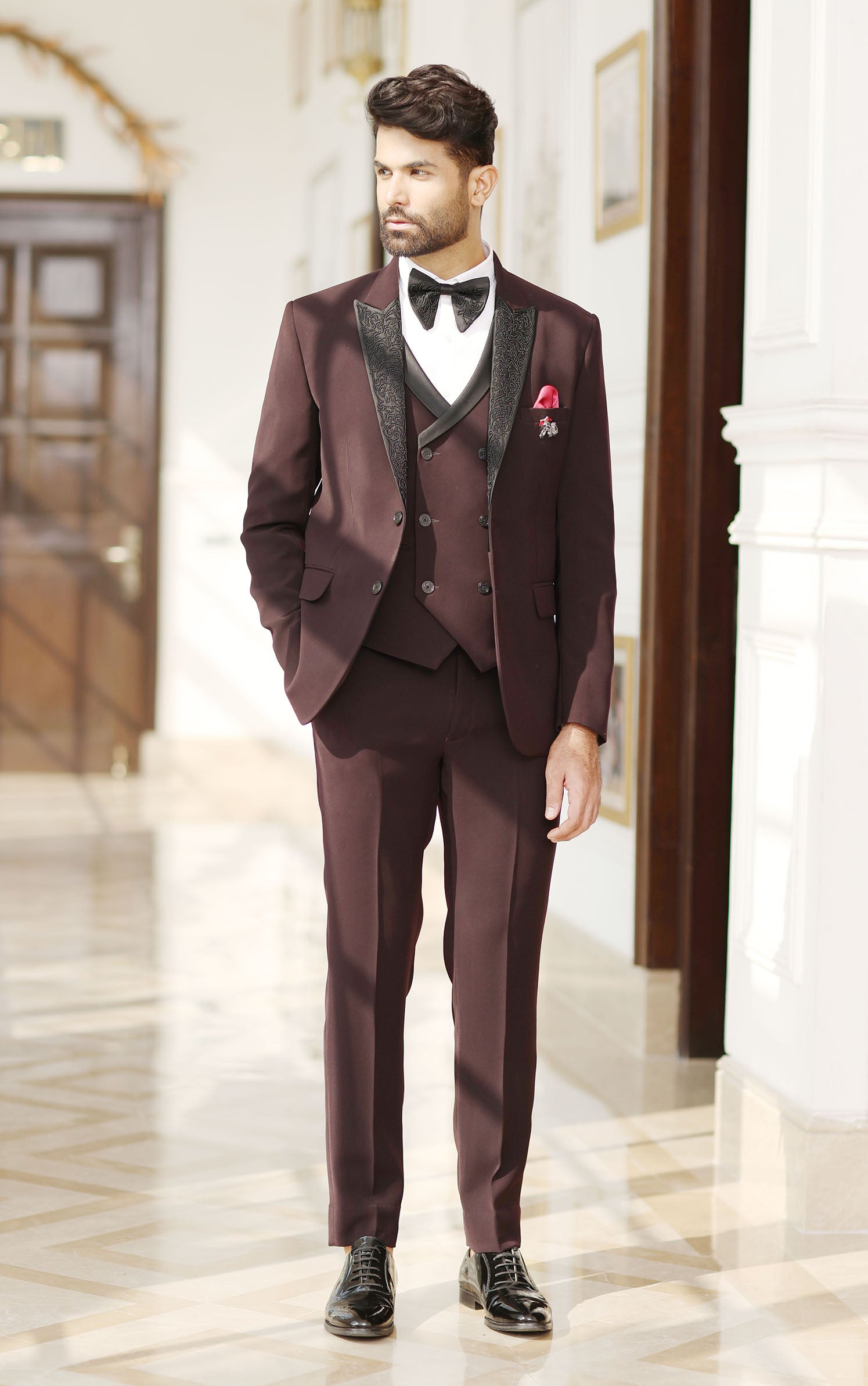 Solid Wine Men's Designer Suit with Embroidery – Bonsoir Terry Rayon