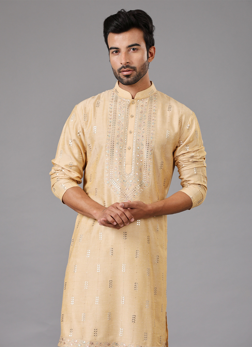 Yellow Checkered Pattern Thread Work Kurta Set - Rent