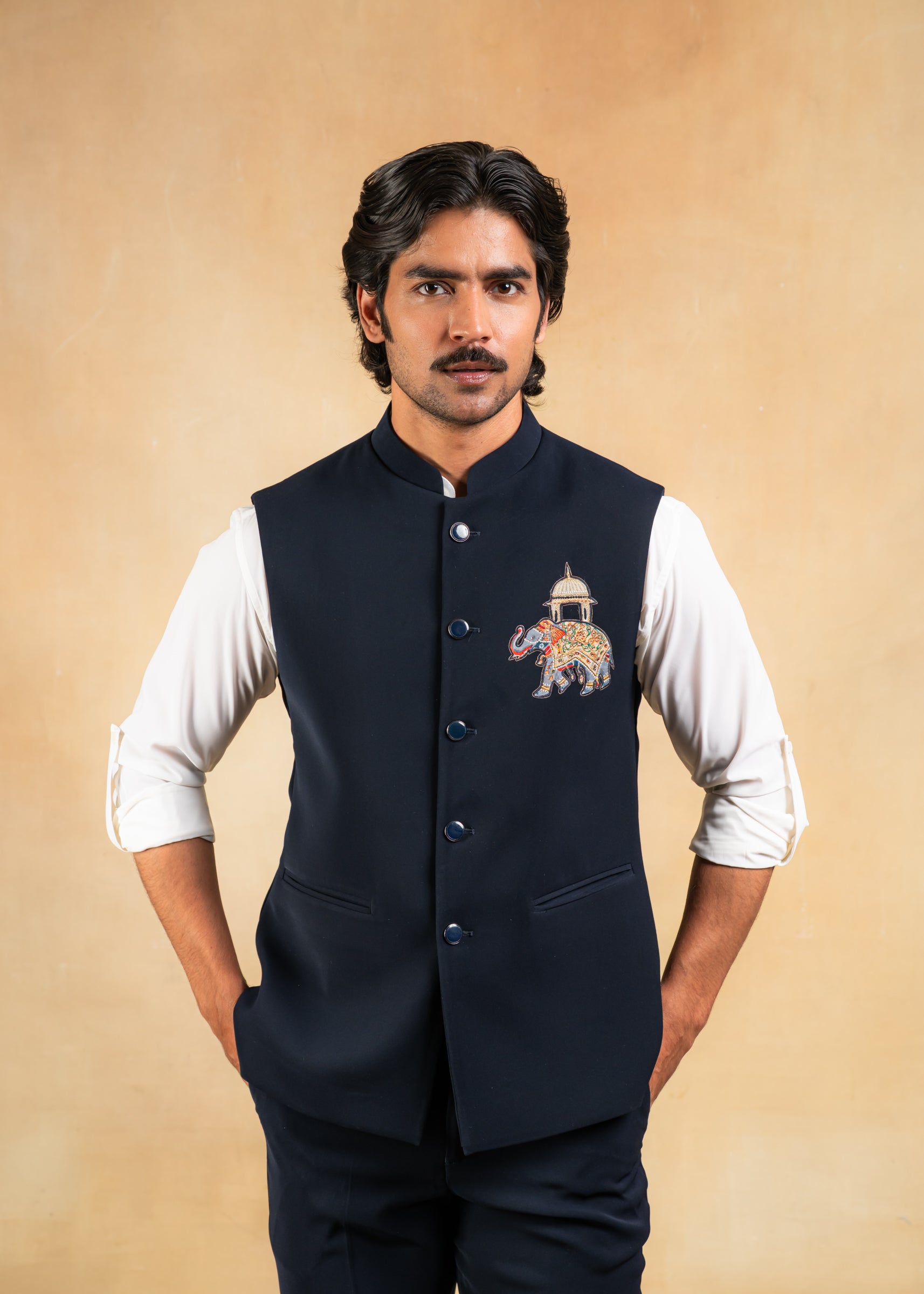navy blue nehru jacket with motif CUSTOM navy blue nehru jacket with motif CUSTOM