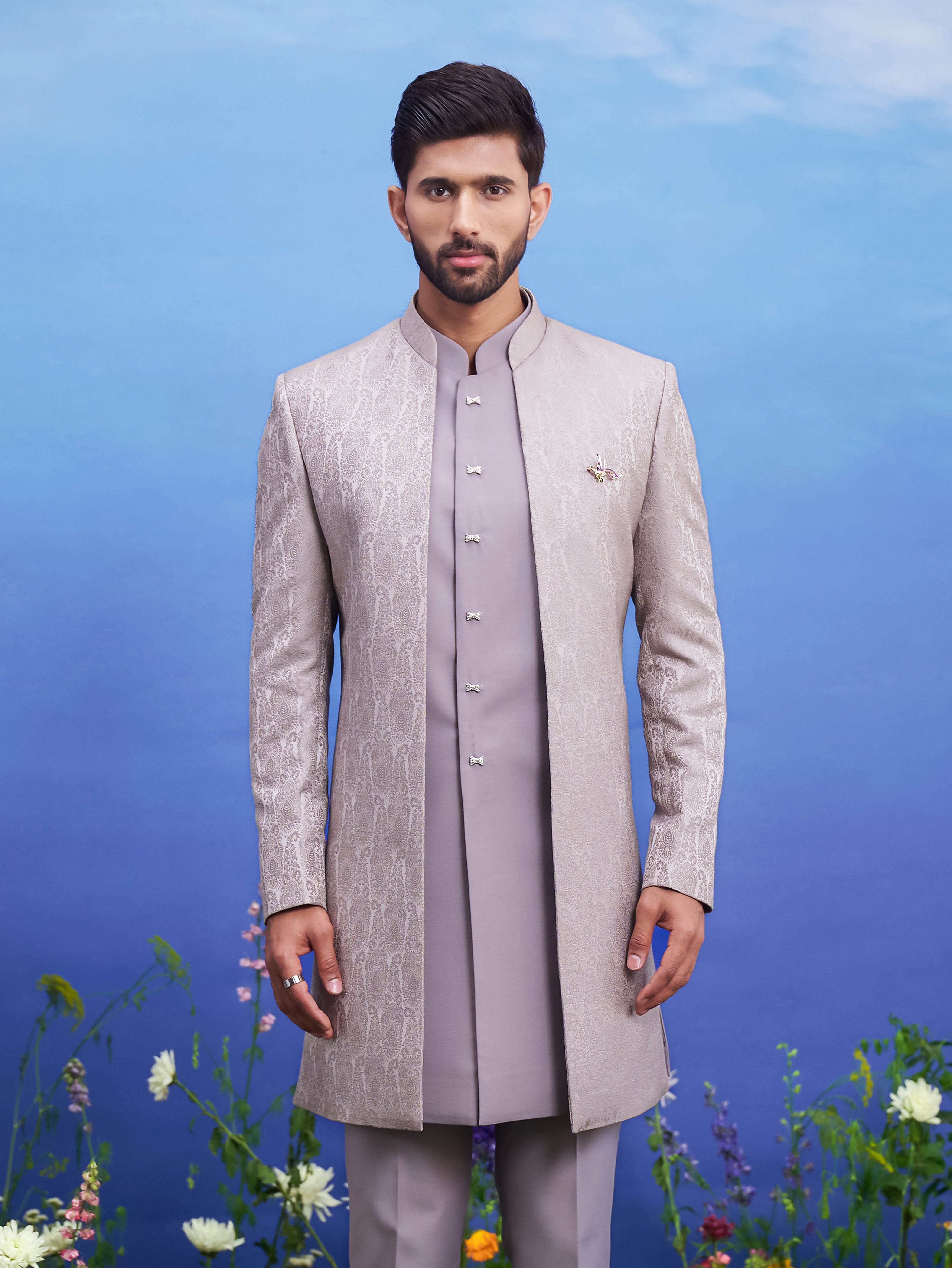 Open Grey Jacquard Indo-western