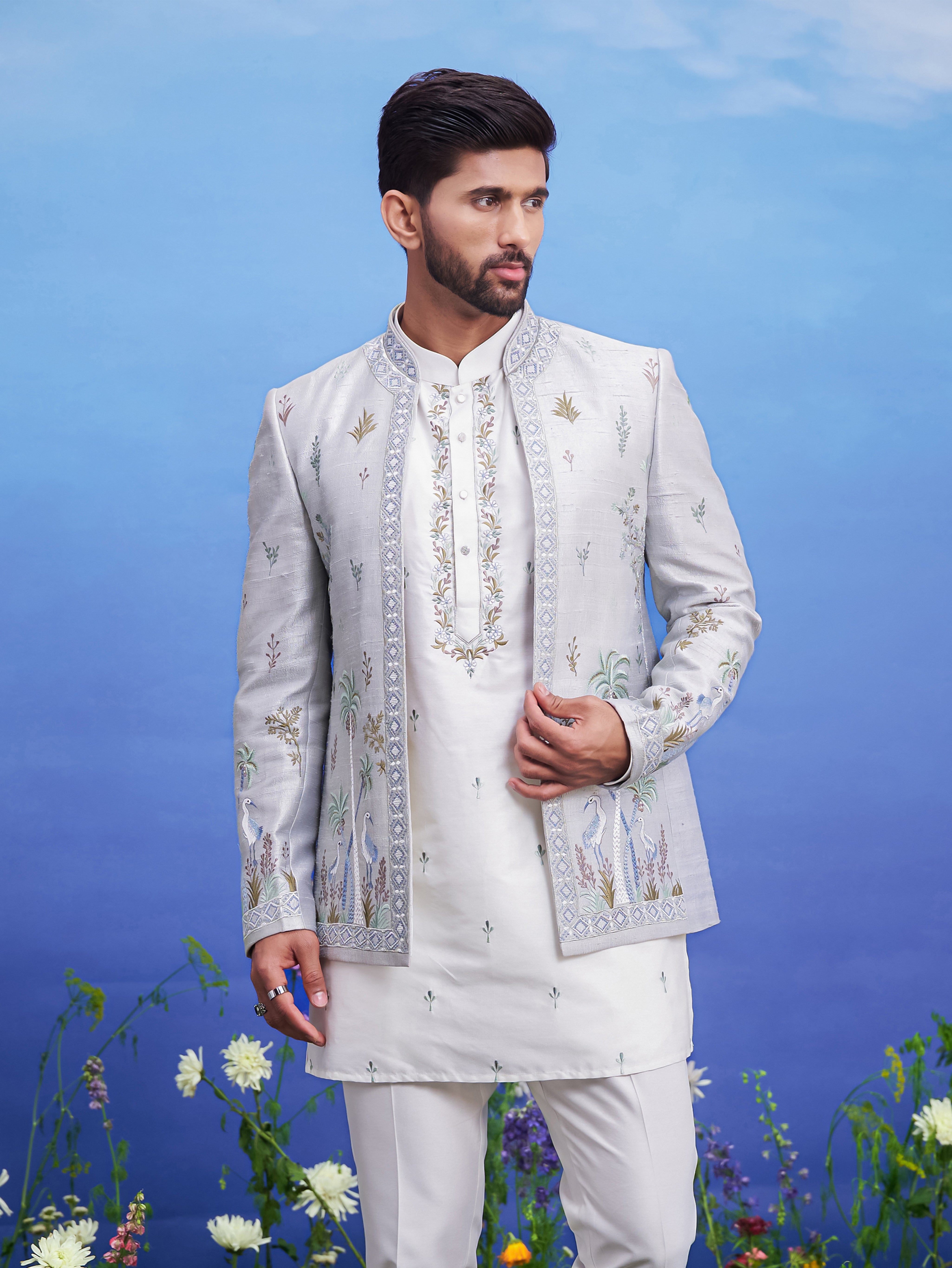 Grey Raw Silk Front Open Embroidered Bandhgala