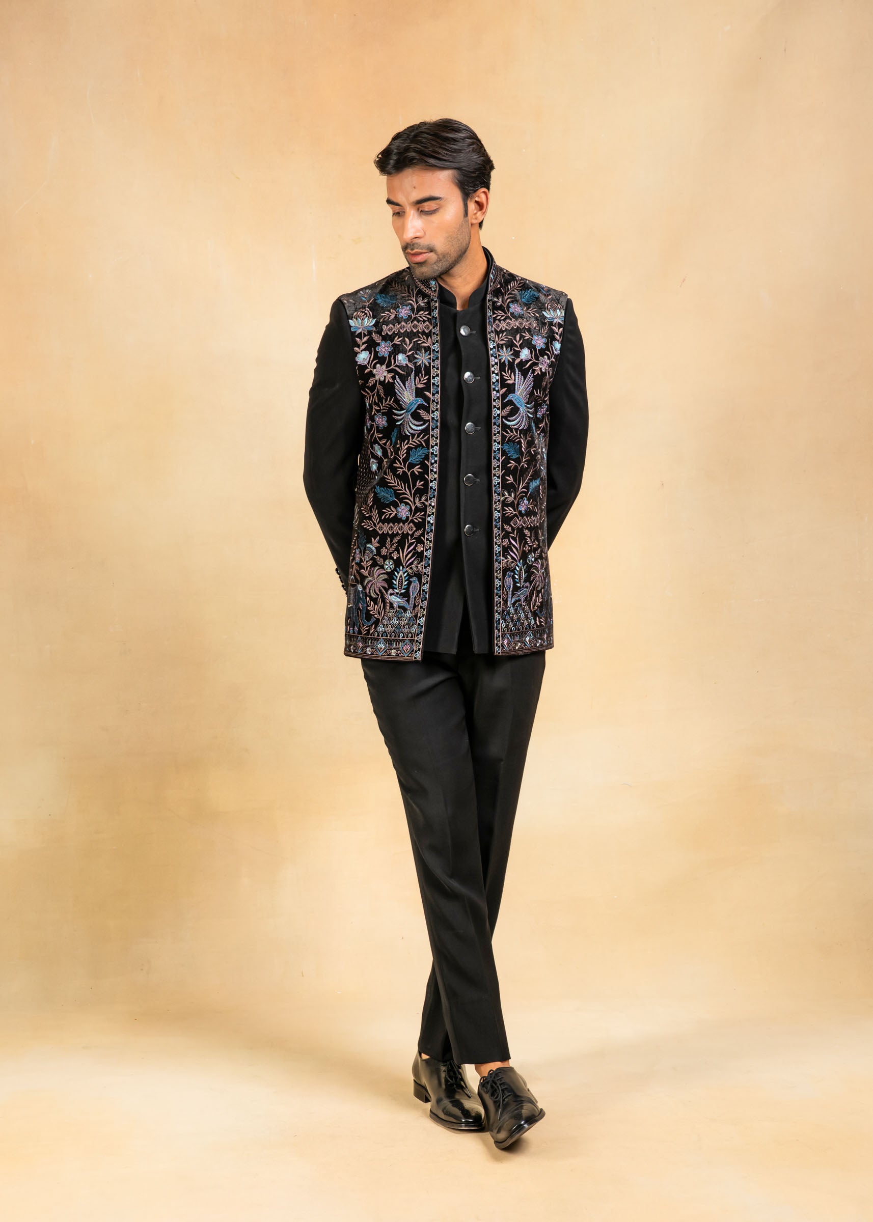 Black bandhgala with embroidered jacket