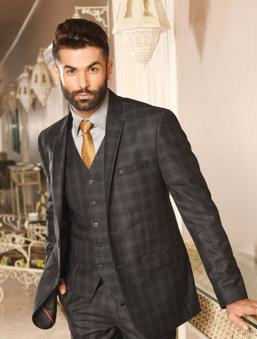 Smoke Grey Self Check Regular Suit - Nasir Suits