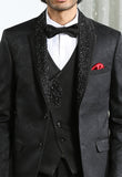 Black jacquard designer suit with Embroidery on satin lapel