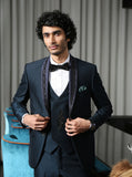 Navy designer suit with embroidered Blue satin shawl coller