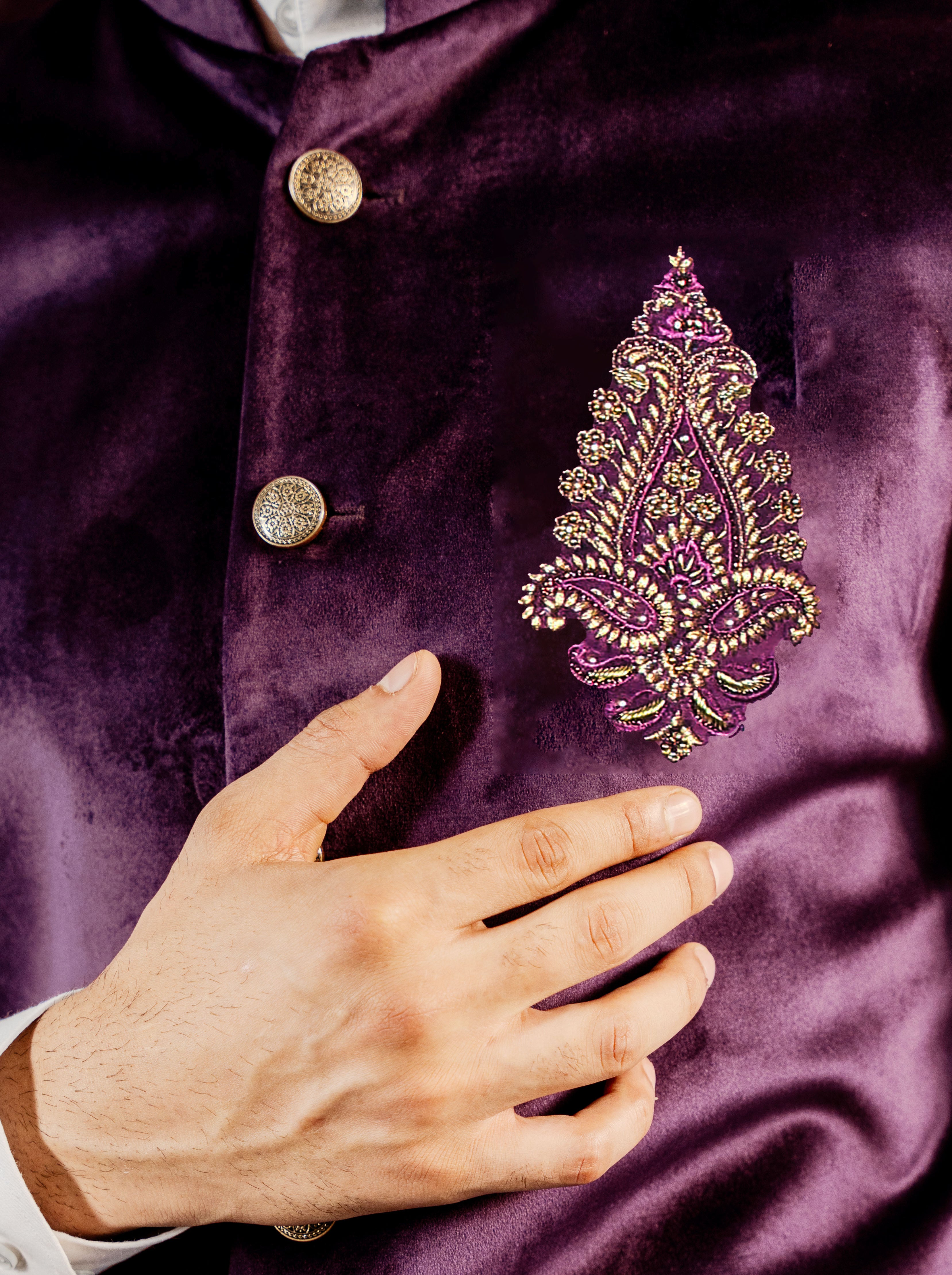 Wine Velvet Bundi With Hand Embroidered Motif