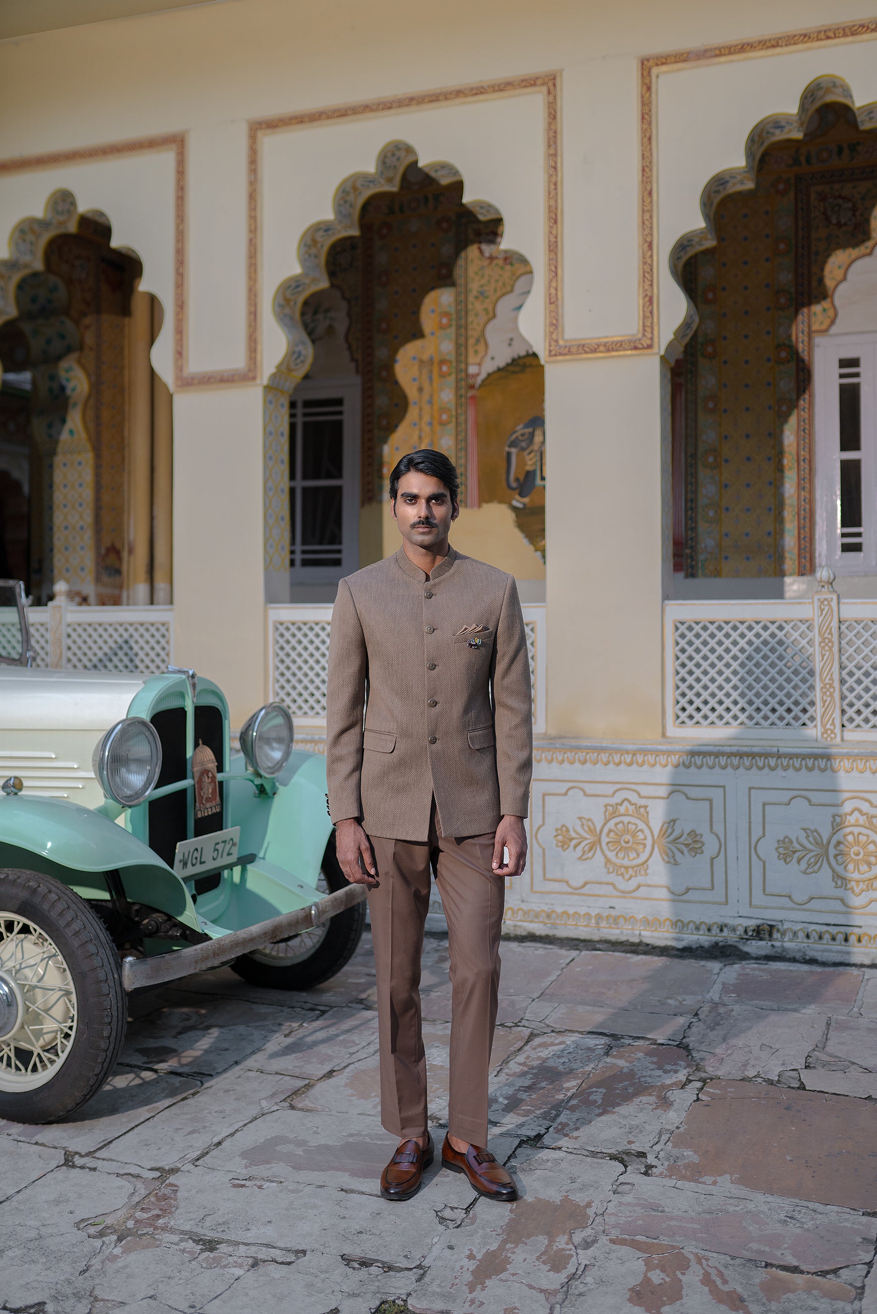 Brown Herringbone Structured Bandhgala Suit