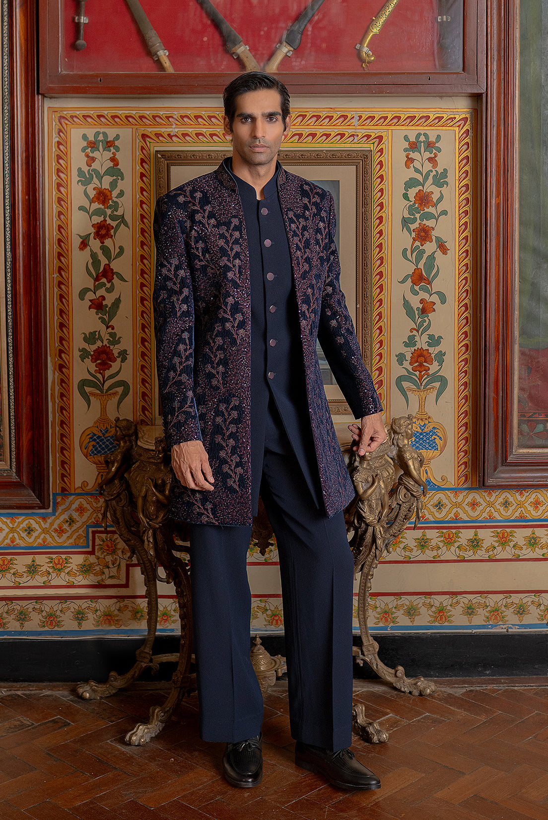 Navy blue velvet open indowestern