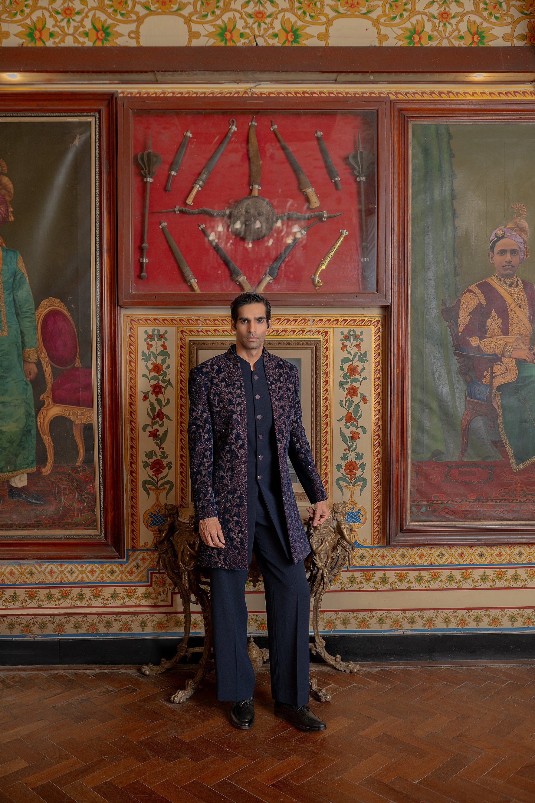 Navy Blue Velvet Open Indo-Western