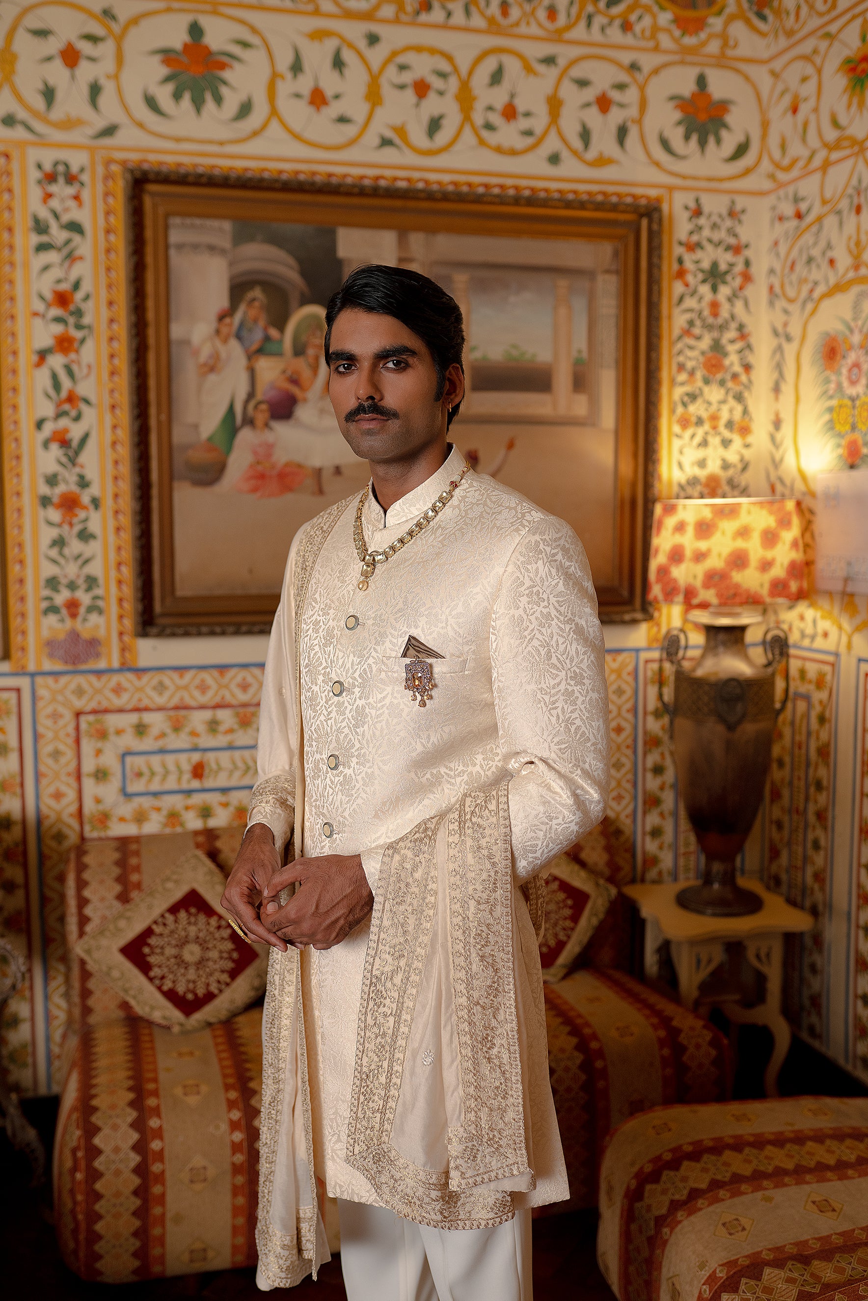 Cream jacquard indowestern with stole