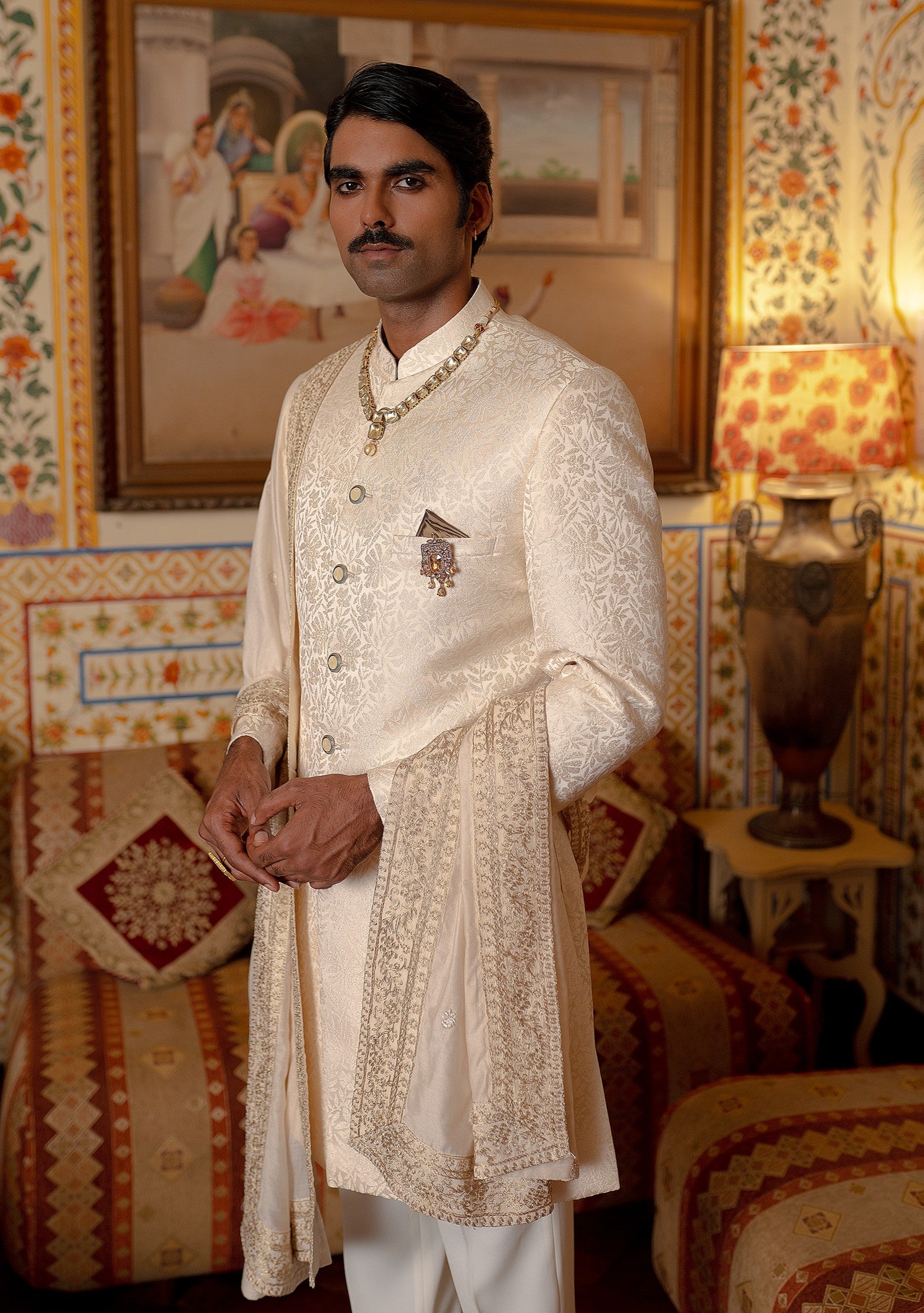 Cream jacquard indowestern with stole