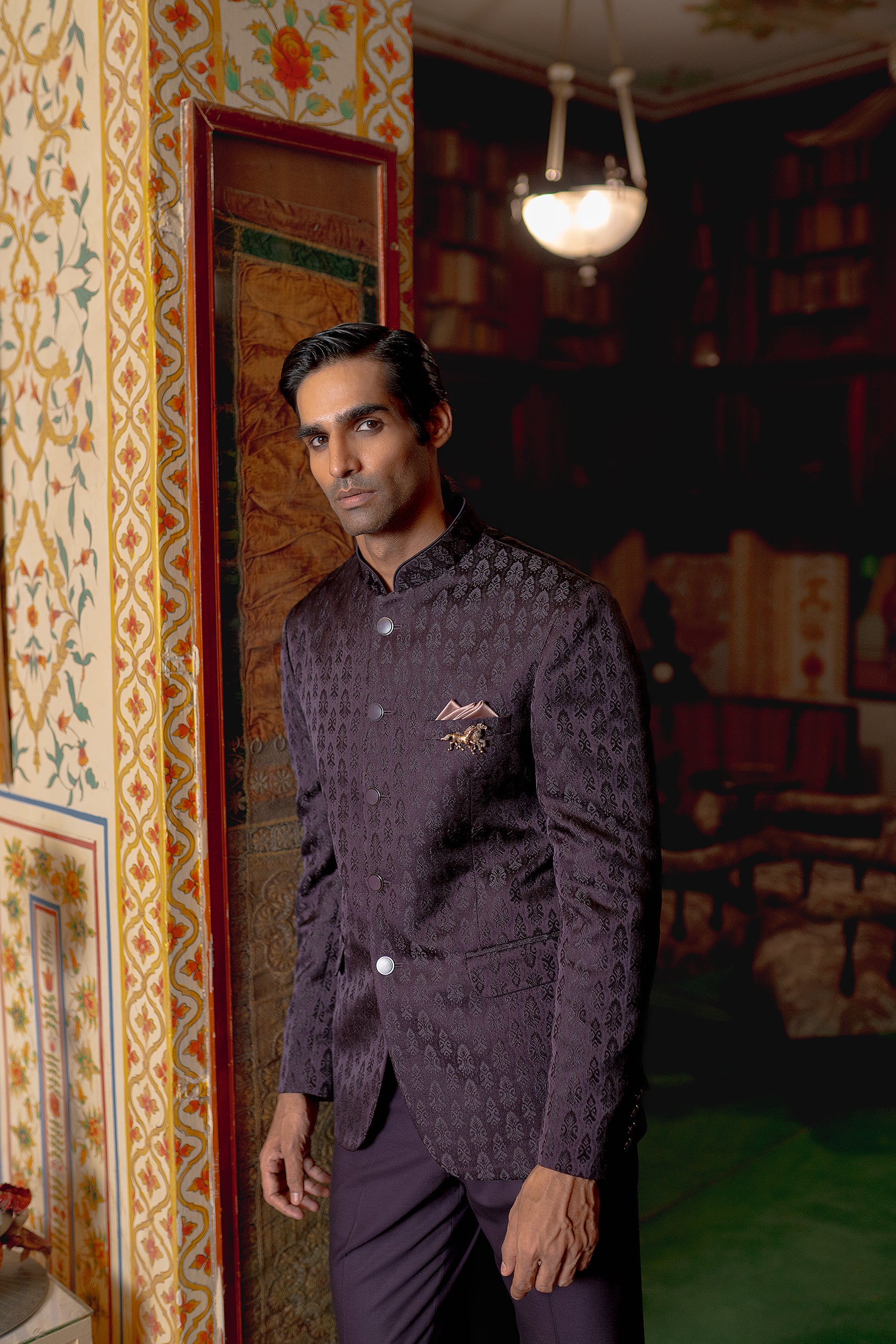 Purple Jacquard bandhgala