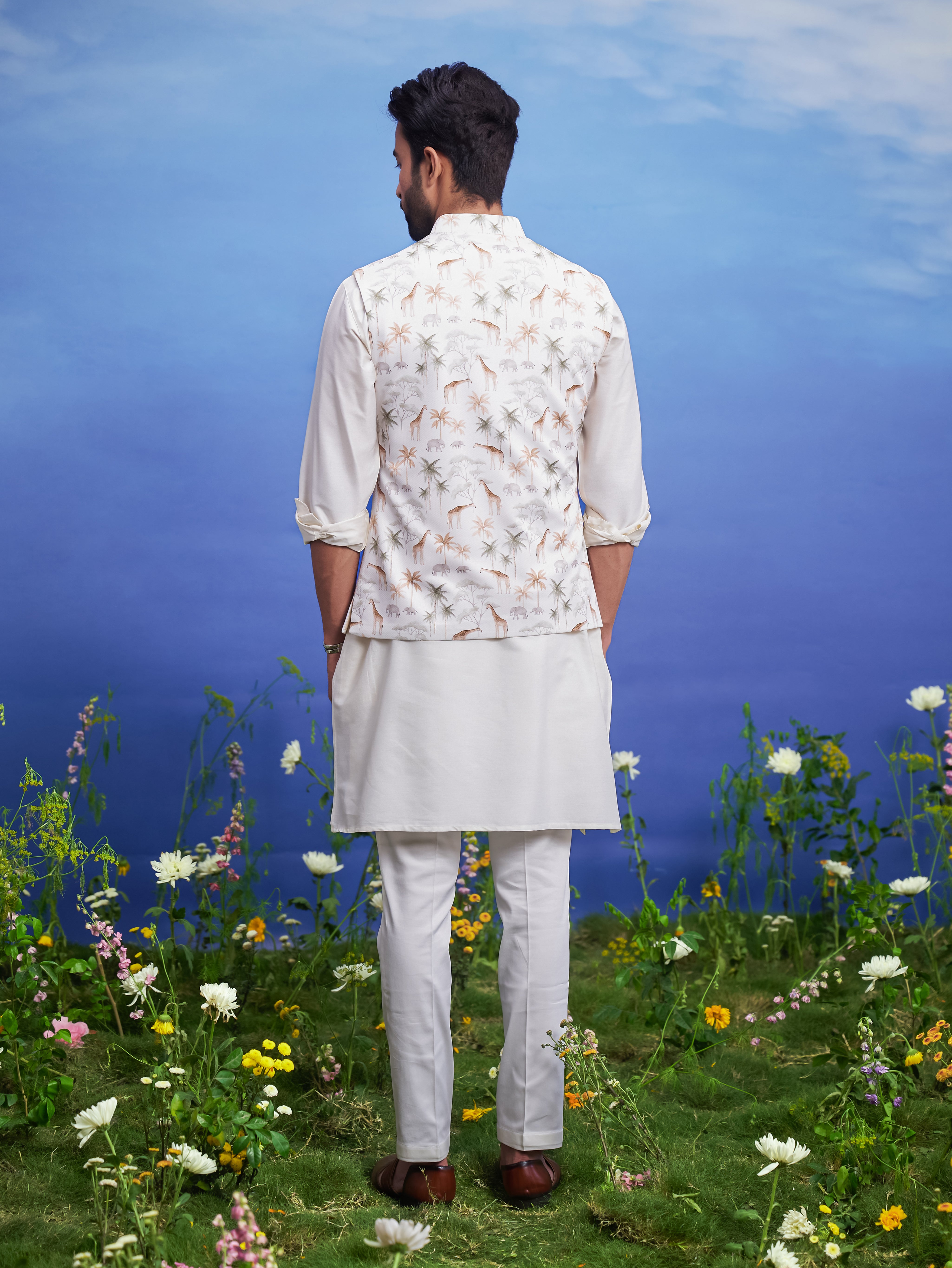 Men's cream Nehru jacket with animal motif print, featuring knitted fabric and a regular fit.