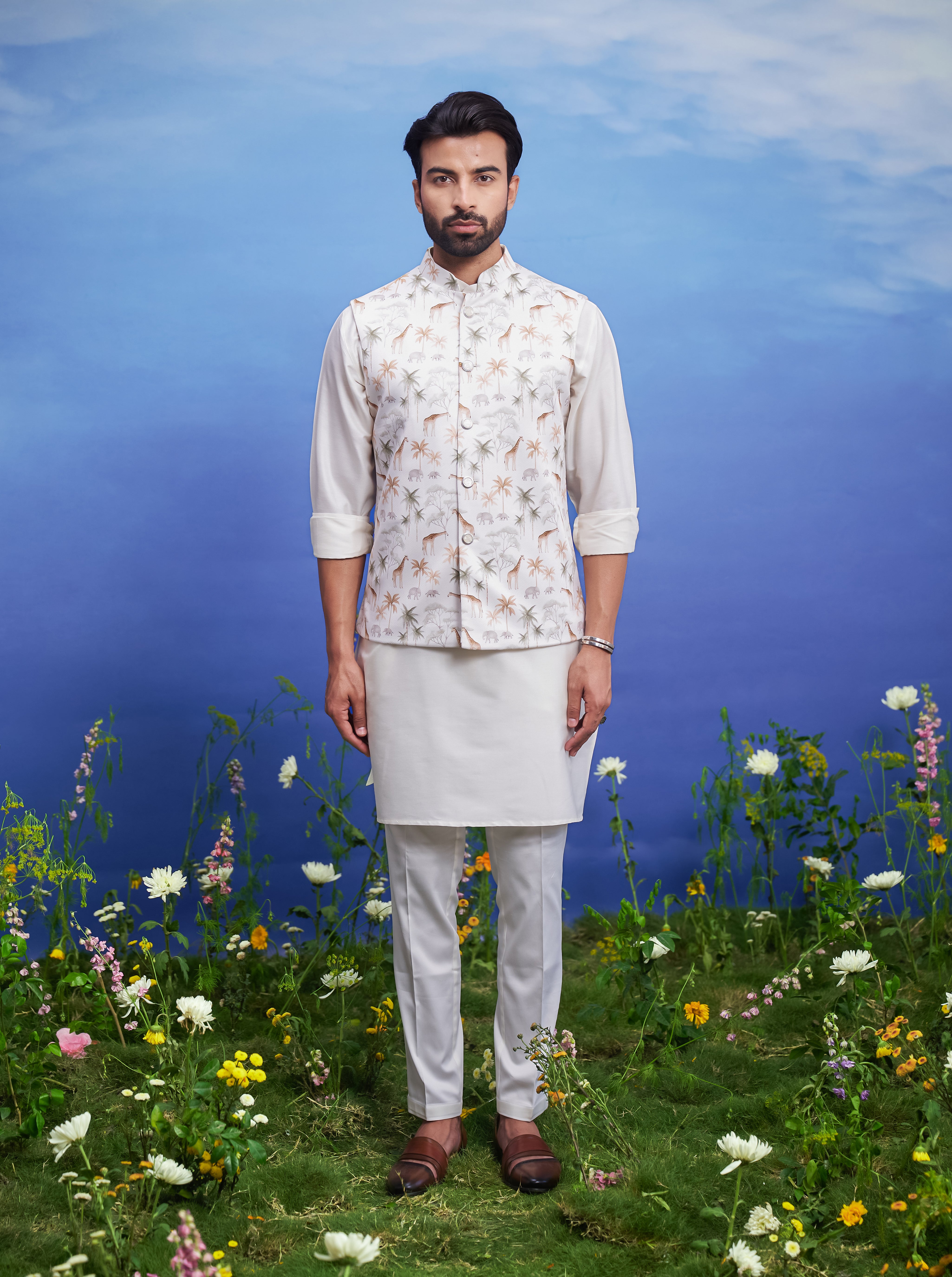 Men's cream Nehru jacket with an animal motif print, displayed on a product page with size options.