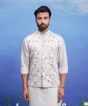 Animal Motif Cream Nehru Jacket
