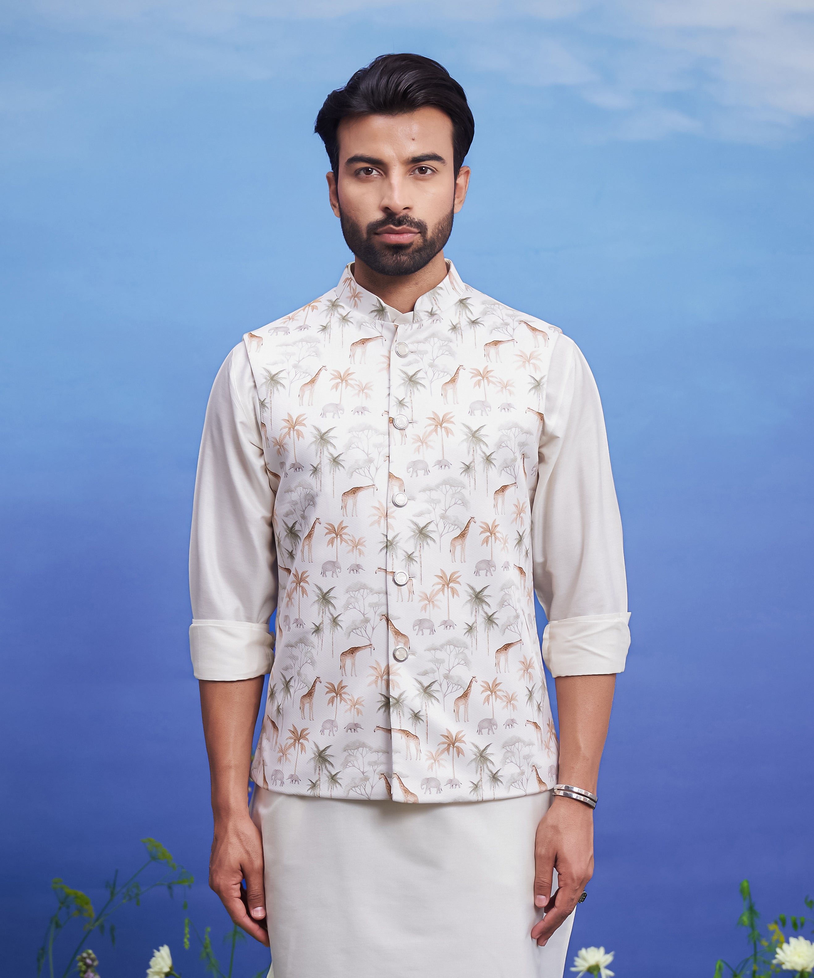 Animal Motif Cream Nehru Jacket
