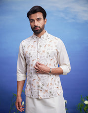 Animal Motif Cream Nehru Jacket