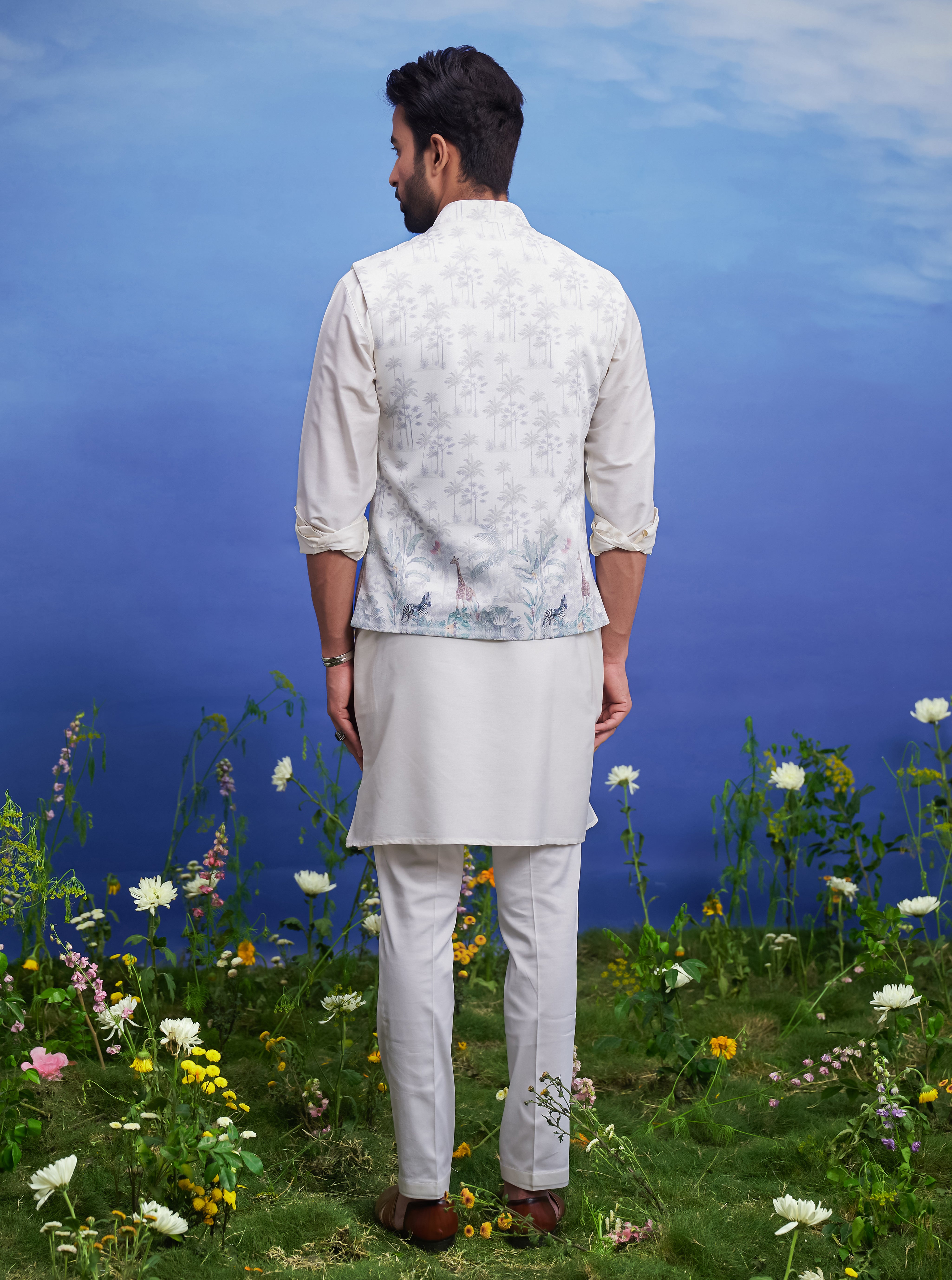 Men's Nehru jacket with animal motif print, featuring knitted fabric and a regular fit.