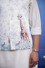 Men's Nehru jacket with an animal motif print, displayed on a product page with size options.