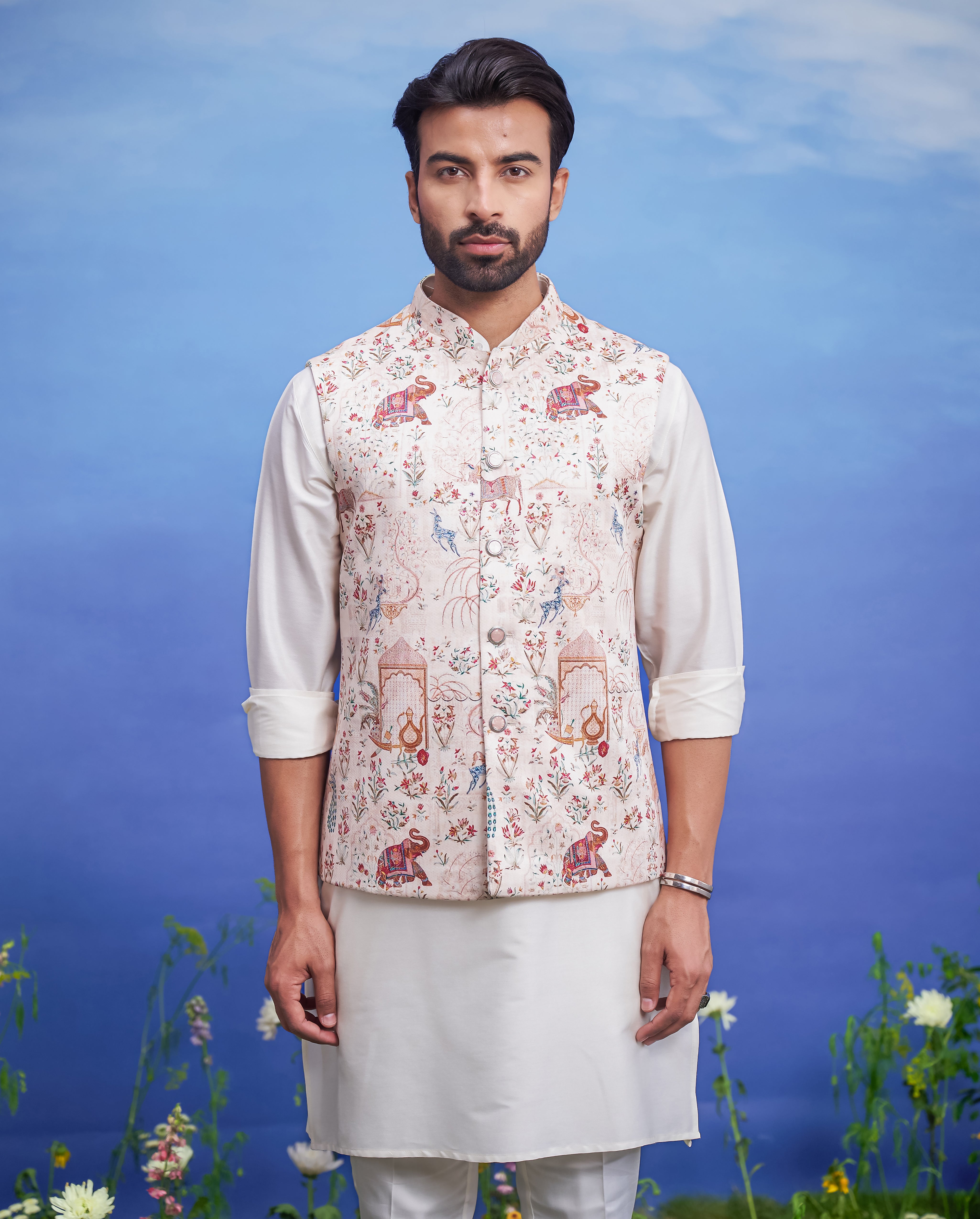 A detailed view of the animal motif printed Nehru jacket, showcasing the print and fabric quality.