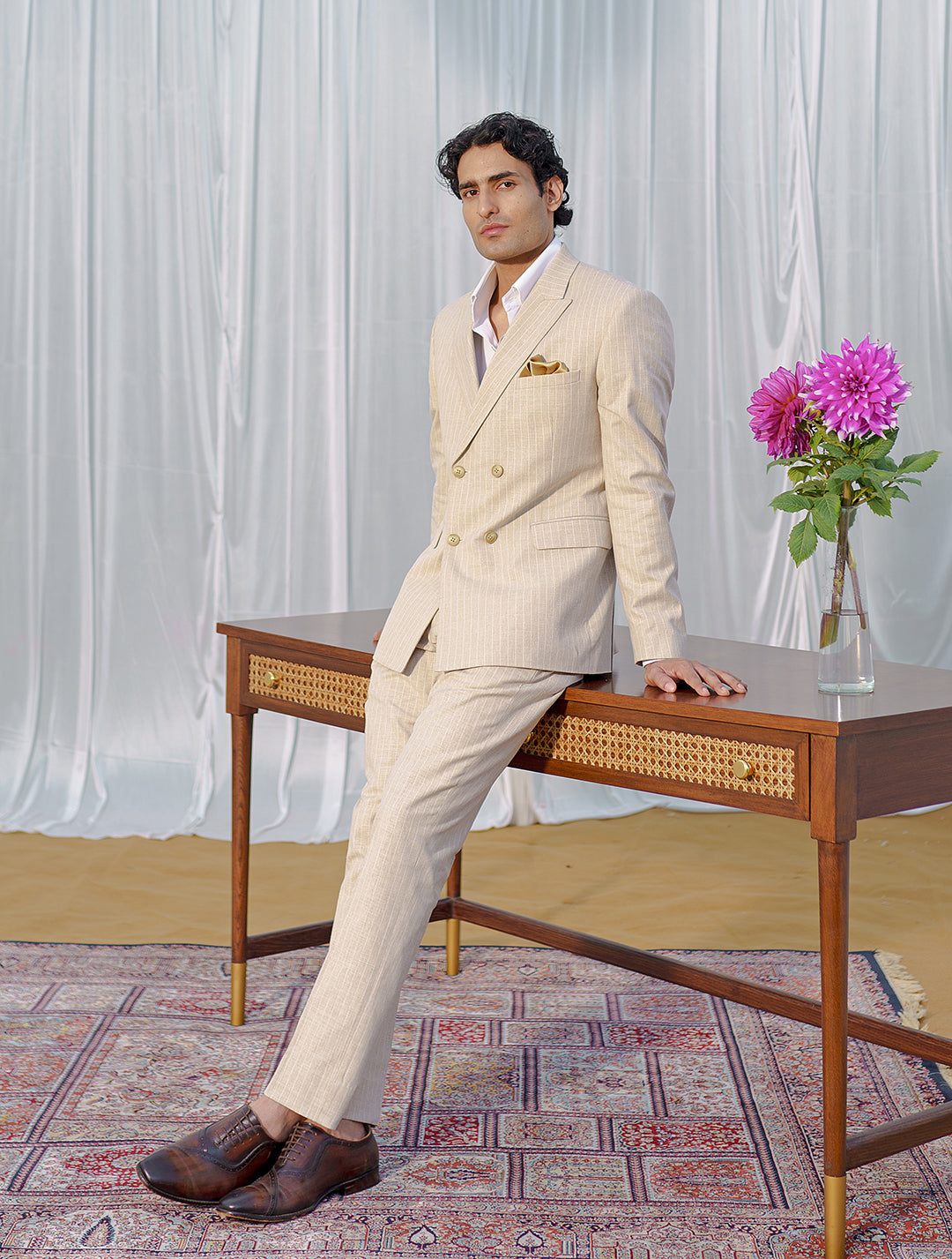 Beige Broad stripe double breasted Suit