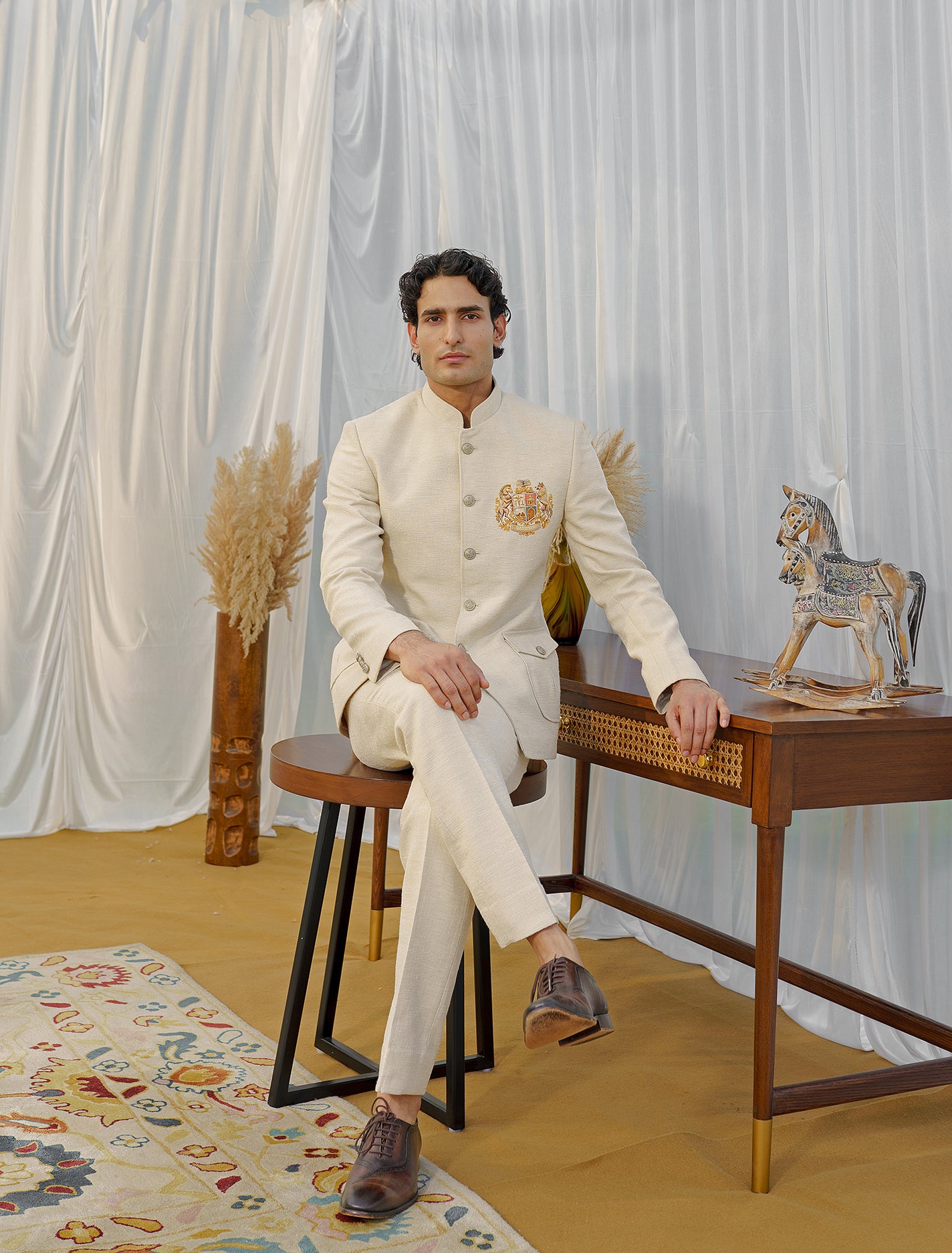 Beige Textured Embroidered Motif Bandhgala Suit