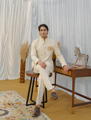 Beige Textured Embroidered Motif Bandhgala Suit