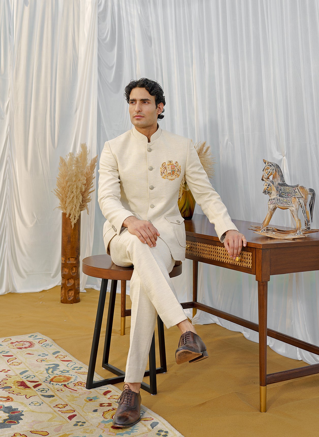 Beige Textured Embroidered Motif Bandhgala Suit