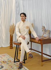 Beige Textured Embroidered Motif Bandhgala Suit