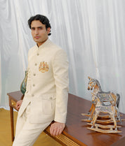 Beige Textured Embroidered Motif Bandhgala Suit