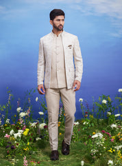 Men's blue Bandhgala suit with jacquard pattern, displayed on a product page with size options.