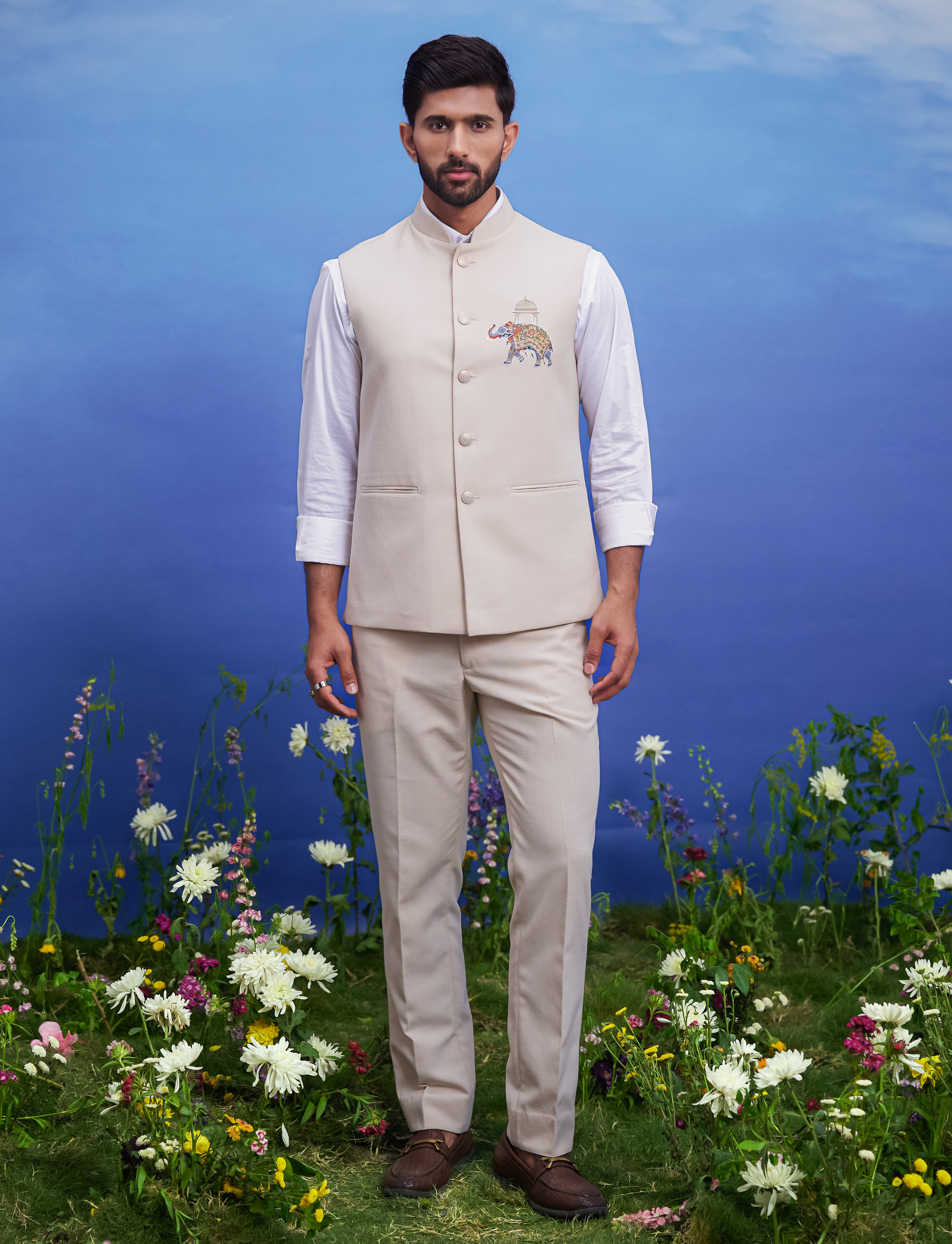 Beige Nehru Jacket with Embroidered Motif Bonsoir Beige Nehru Jacket with Embroidered Motif Bonsoir