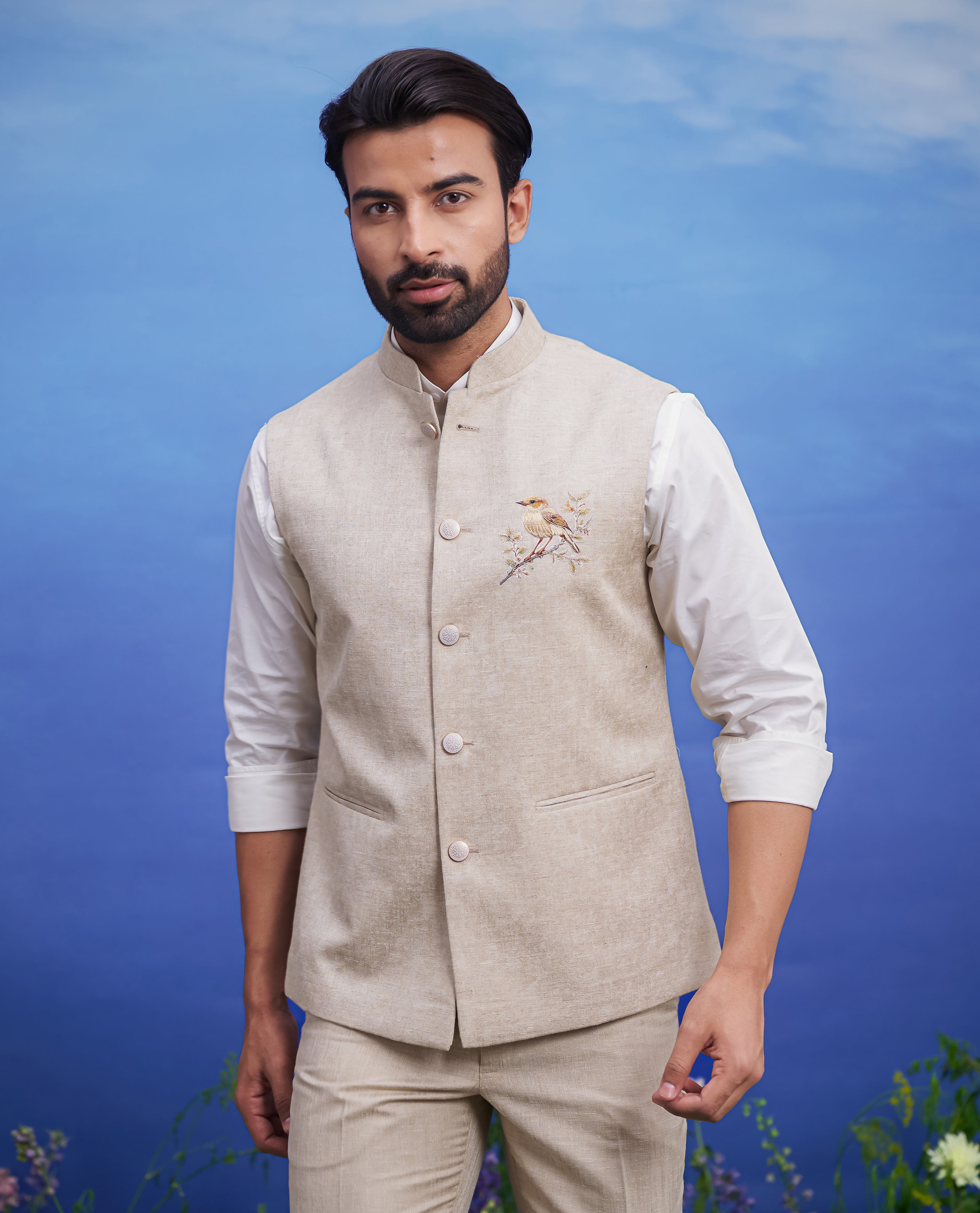 Beige Nehru Jacket with embroidered motif – Bonsoir