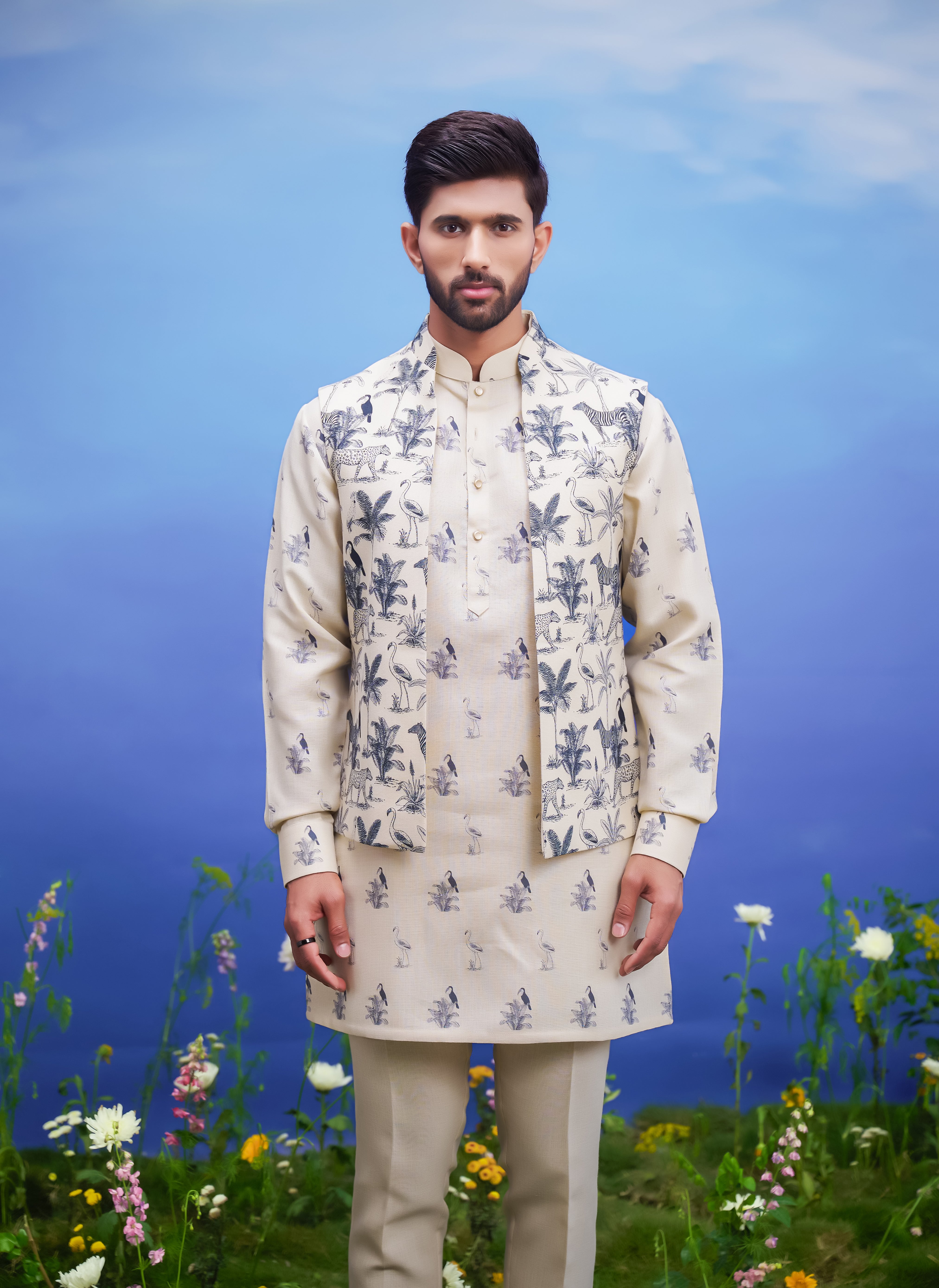 Men's beige kurta jacket set, suitable for festivals and cultural events, available in sizes 36 to 44 and custom.
