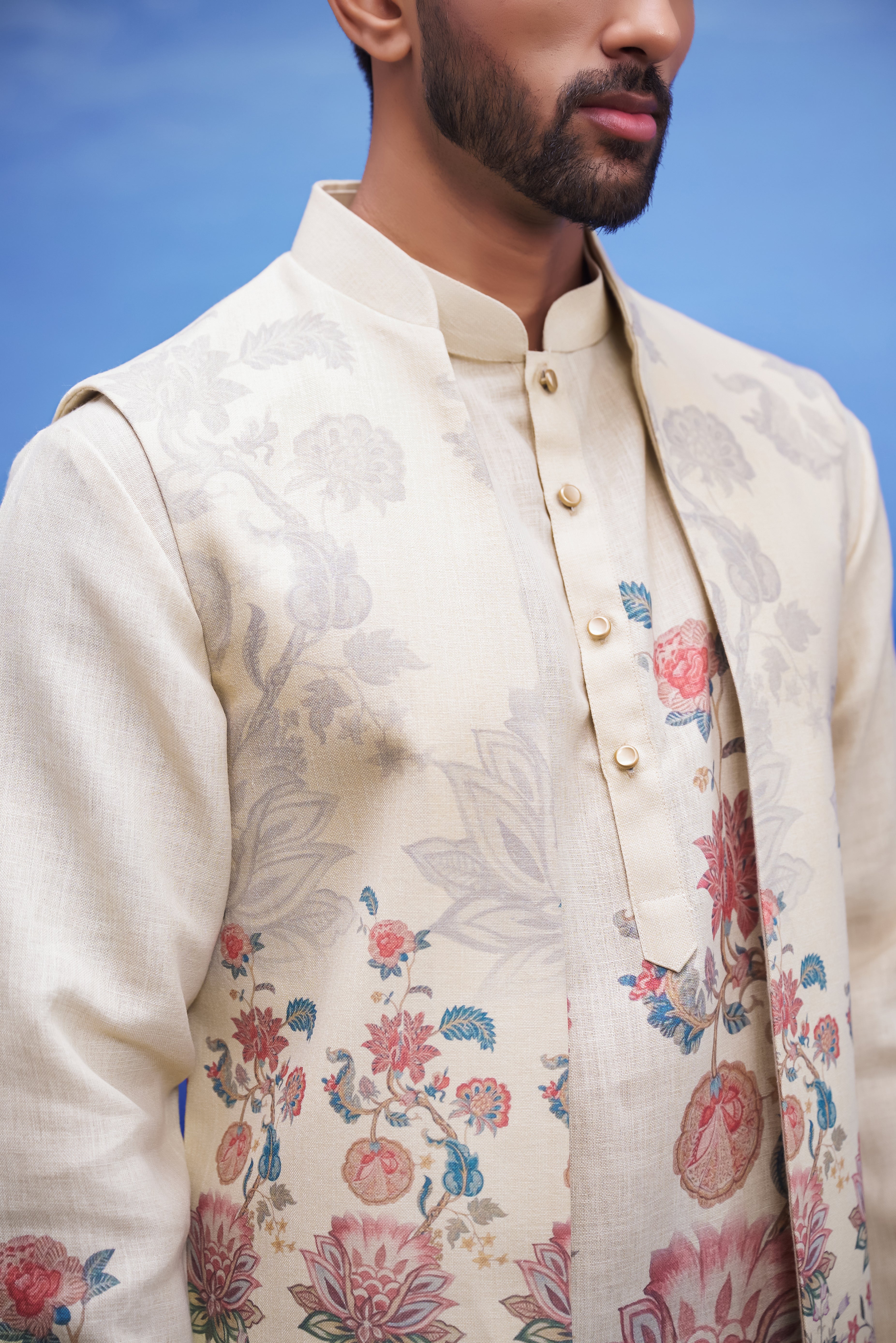 Close-up of the beige linen front open kurta jacket set, highlighting the linen texture and front open design.