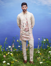 Beige linen front open kurta jacket set for men, blending traditional style with modern front open design, suitable for festive occasions.