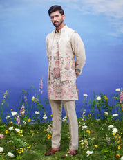 Men's beige linen front open kurta jacket set, presented as a complete outfit on a product page, designed for ethnic and festive wear.