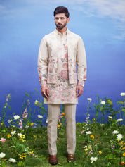 Beige linen front open kurta jacket set, men's ethnic wear, featuring a linen blend kurta, jacket, and pajama.