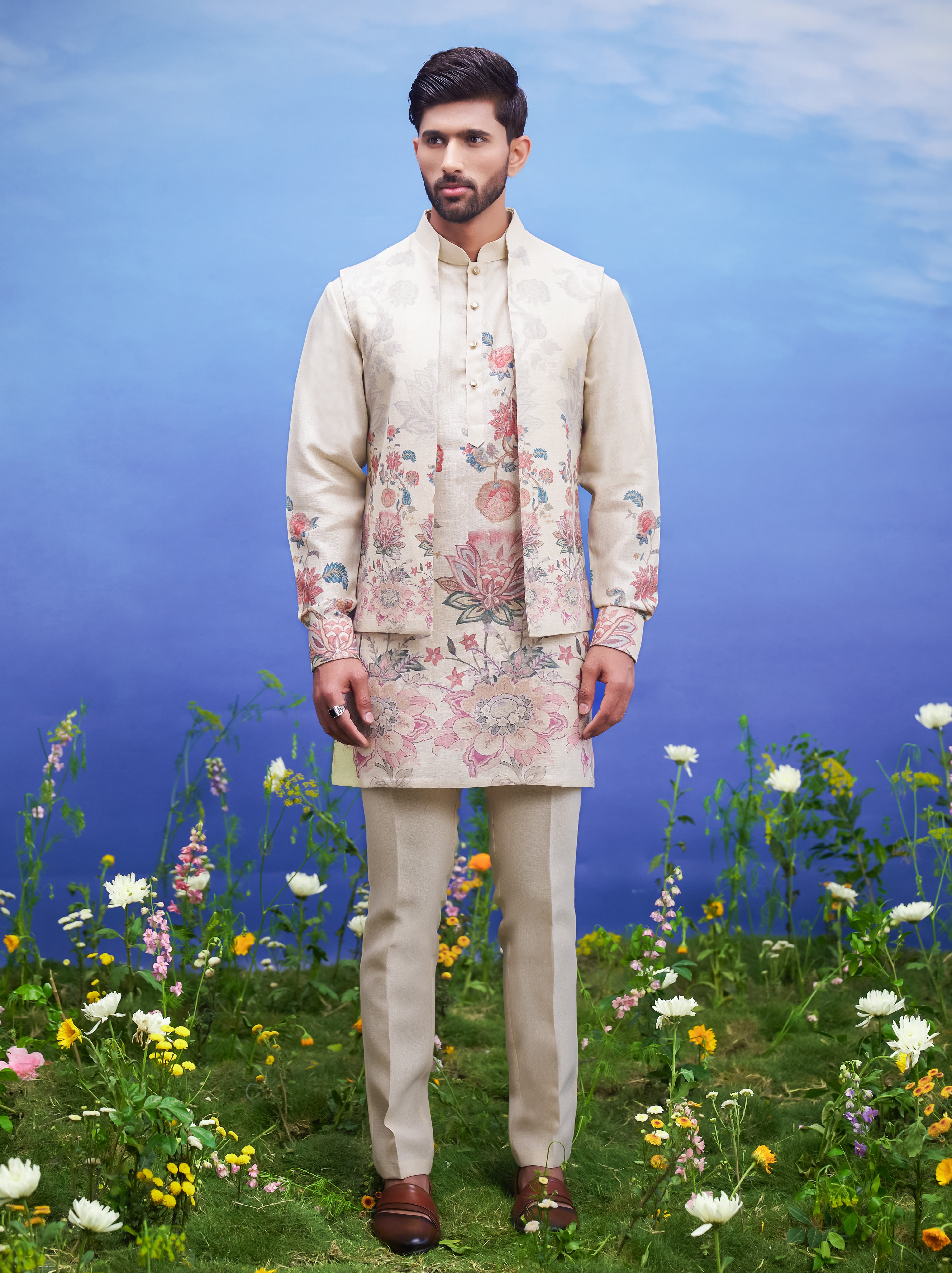 Beige linen front open kurta jacket set, men's ethnic wear, featuring a linen blend kurta, jacket, and pajama.