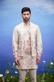 A beige kurta jacket set with a front open design, featuring a kurta, jacket, and pajama, ideal for men's ethnic wear.