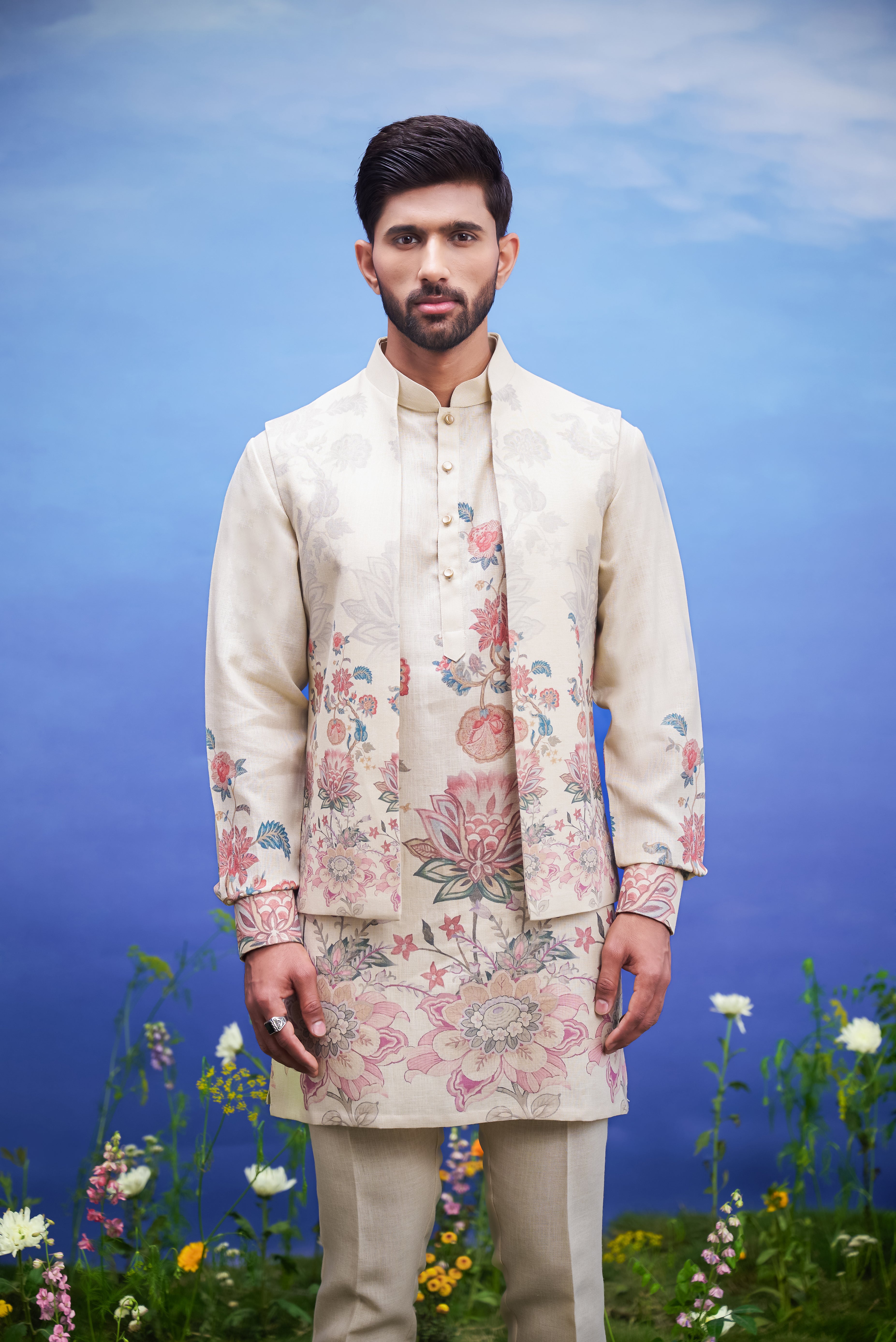 A beige kurta jacket set with a front open design, featuring a kurta, jacket, and pajama, ideal for men's ethnic wear.