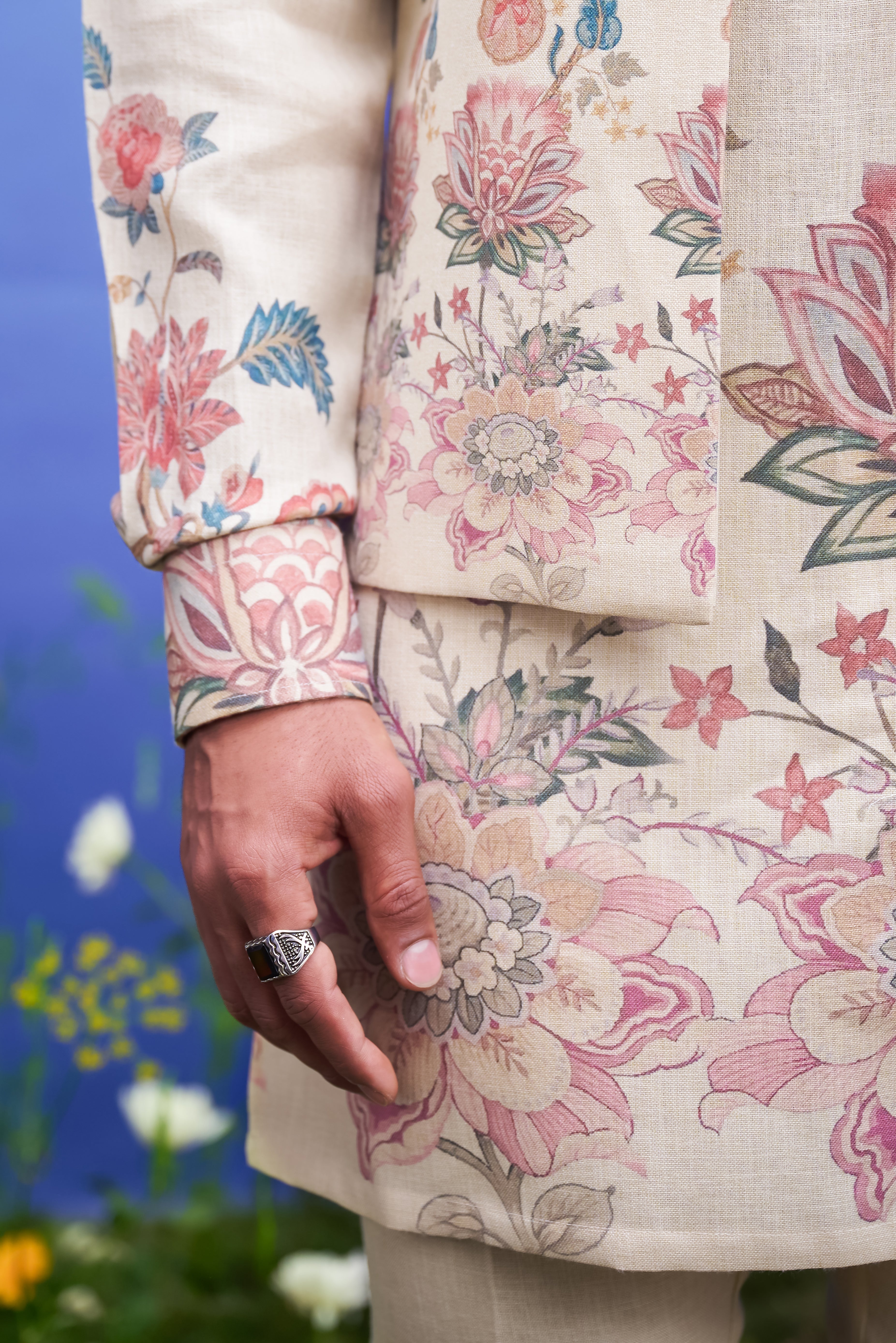 A detailed view of the beige linen front open kurta jacket set, showcasing the linen fabric and front open style.
