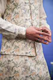 Men's beige kurta jacket set, displayed on a product page with size options.