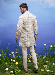 Men's beige linen kurta jacket set, presented as a complete outfit on a product page, designed for ethnic and festive wear.