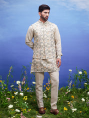 Beige linen kurta jacket set, men's ethnic wear, featuring a linen blend kurta, jacket, and pajama.